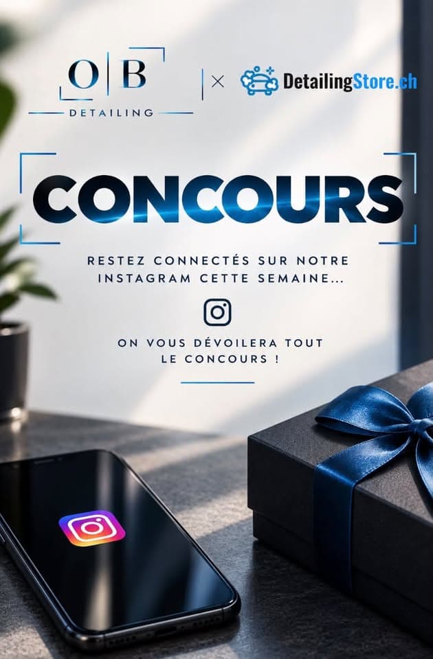 Affiche : concours OB Detailing × DetailingStore.ch. Restez connectés sur notre Instagram cette semaine, on vous dévoilera tout le concours !