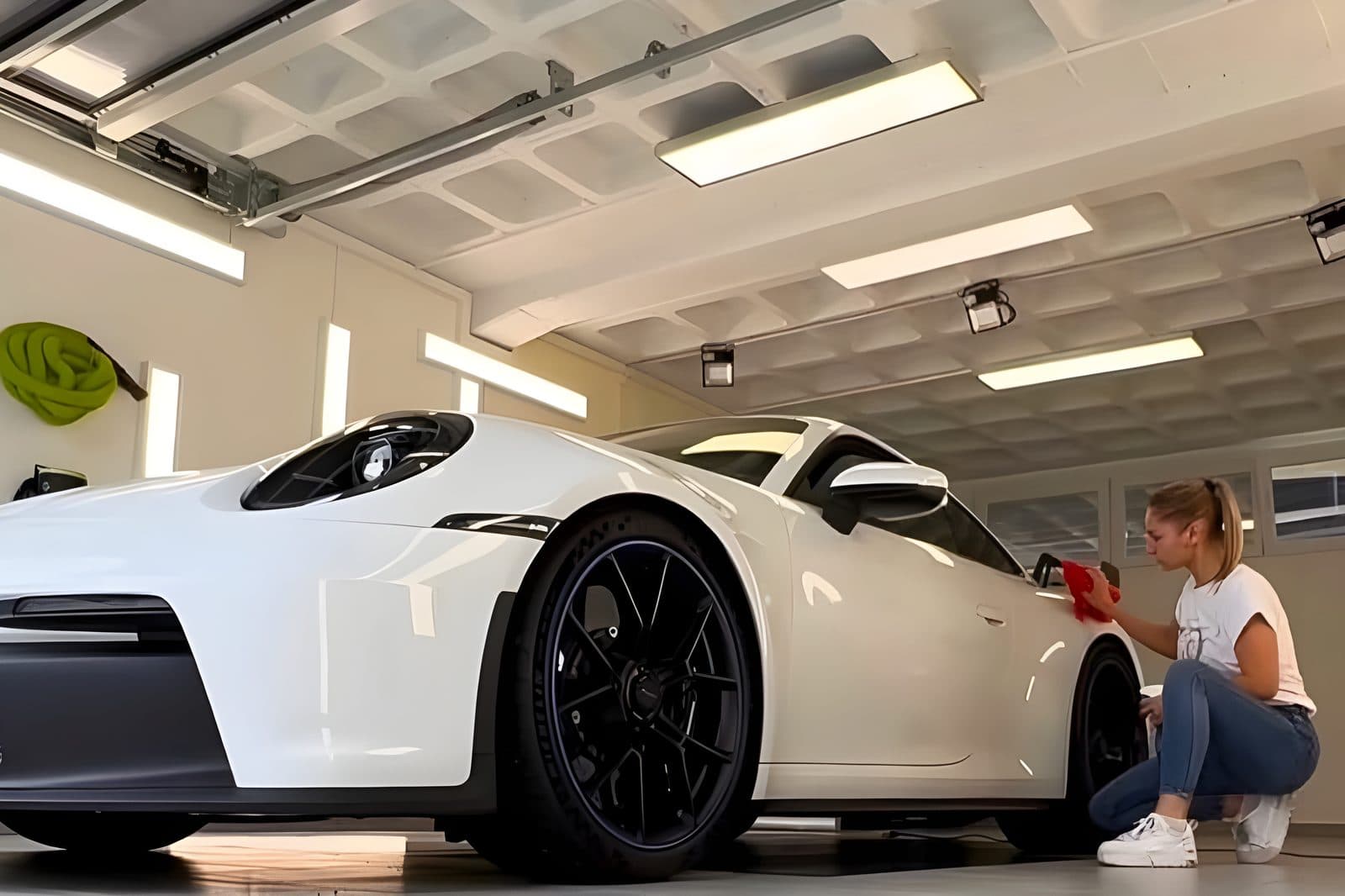 Océane Bollette au travail sur une Porsche 911 GT3 blanche dans l’atelier